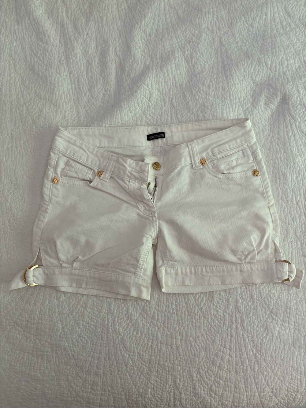 Roberto Cavalli White Roll-Cuff Denim Women’s Shorts with Gold Accents